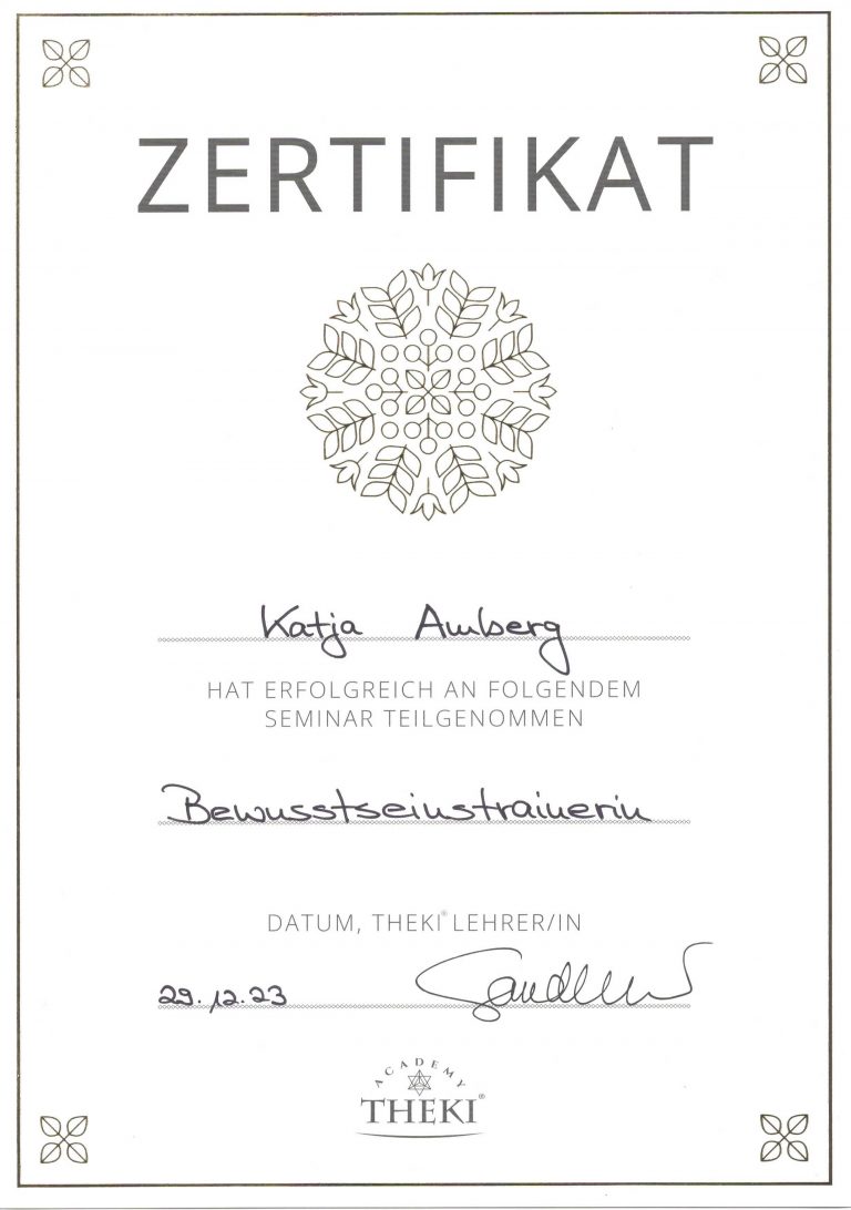Zertifikat Bewusstseinstrainerin Theki 3 Katja Amberg