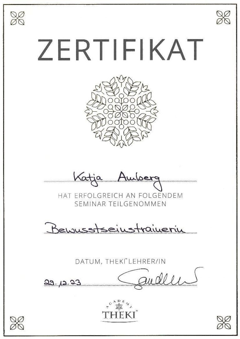 Zertifikat Theki Bewusstseinstrainerin